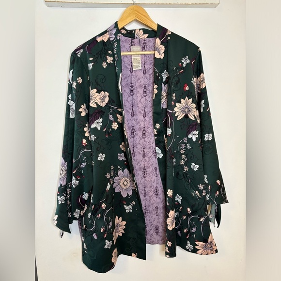 Chicos Green Floral Tie Sleeve Open Blazer Jacket - Picture 6 of 11